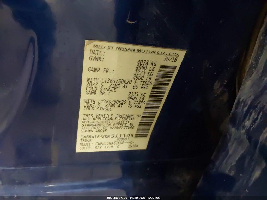 1N6BA1F42KN511105 2019 NISSAN TITAN XD photo no. 9