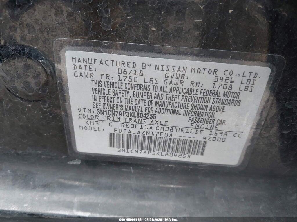 3N1CN7AP3KL804255 2019 NISSAN VERSA photo no. 9