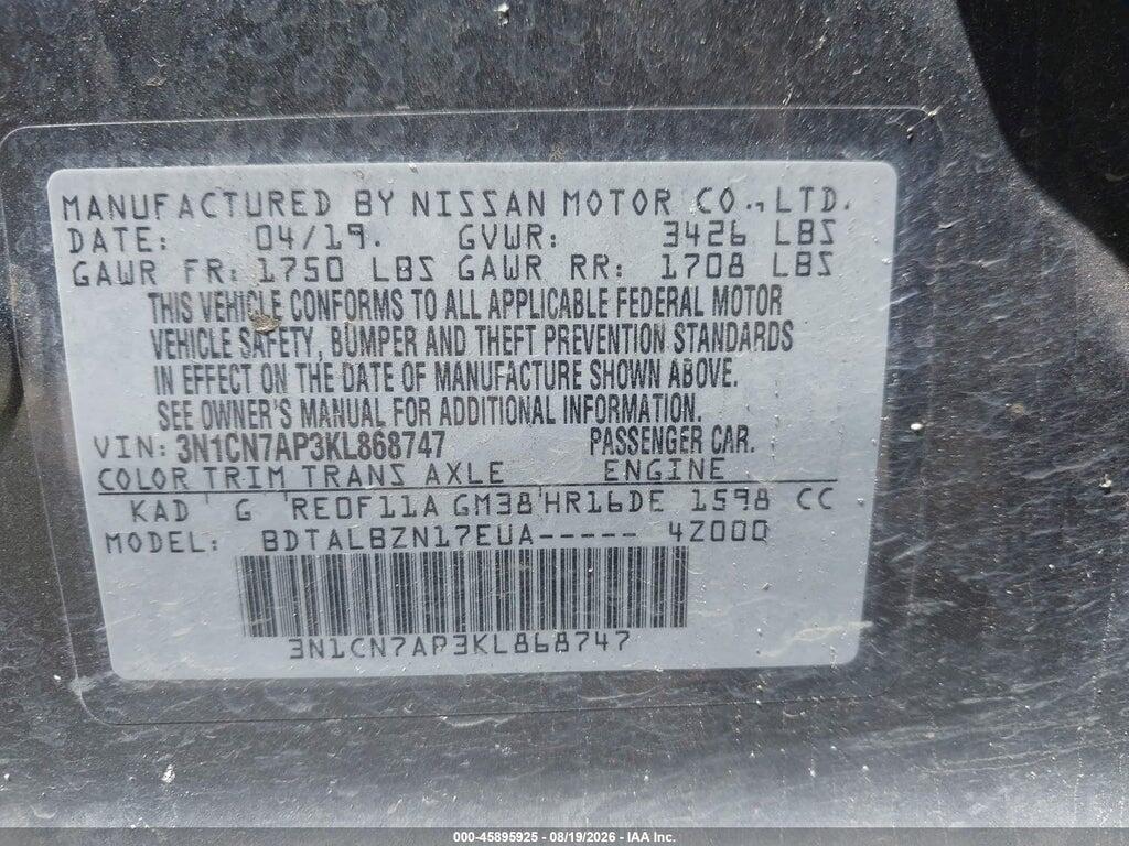 3N1CN7AP3KL868747 2019 NISSAN VERSA photo no. 9