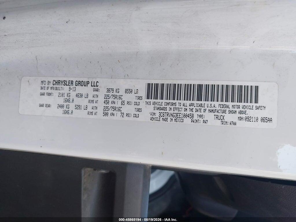 3C6TRVNG3EE100458 2014 RAM PROMASTER 1500 photo no. 9