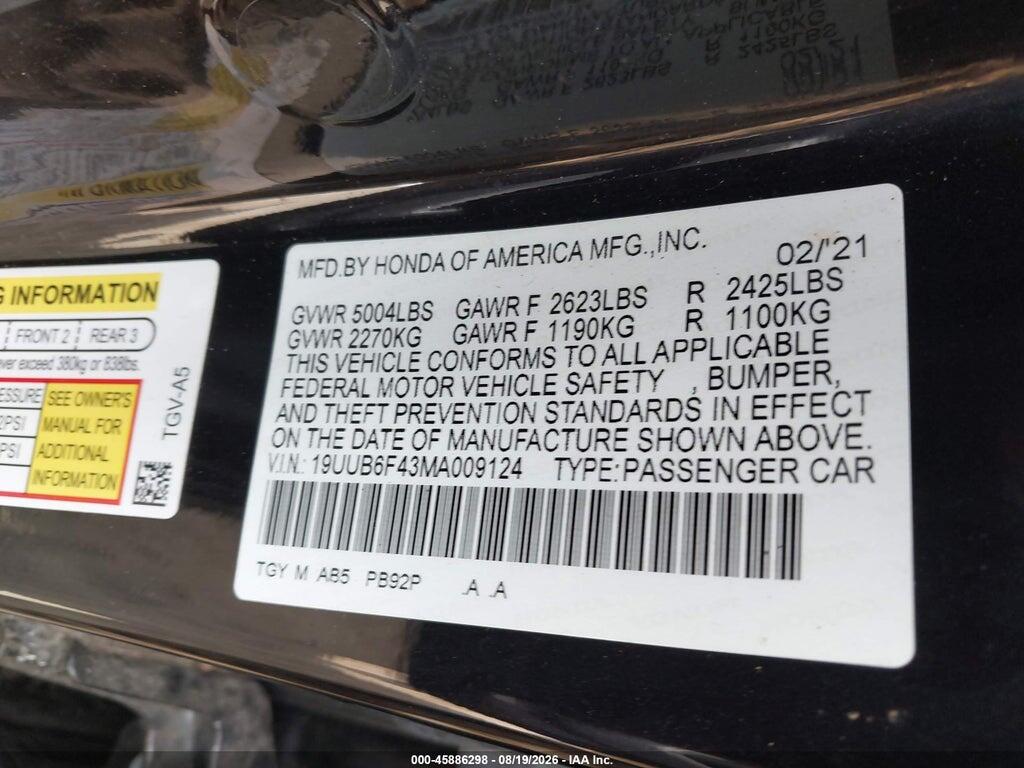 19UUB6F43MA009124 2021 ACURA TLX photo no. 9