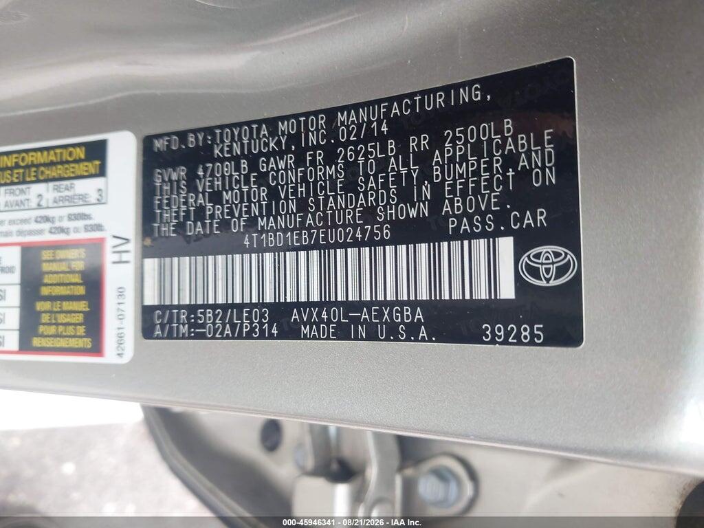 4T1BD1EB7EU024756 2014 TOYOTA AVALON HYBRID photo no. 9