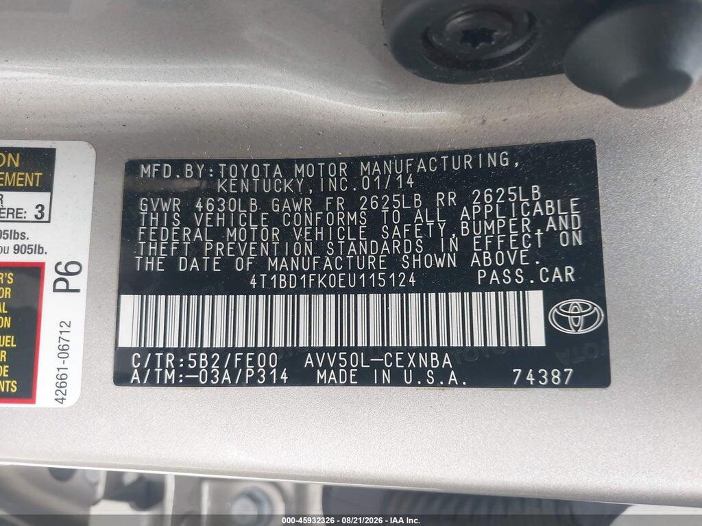 4T1BD1FK0EU115124 2014 TOYOTA CAMRY HYBRID photo no. 9
