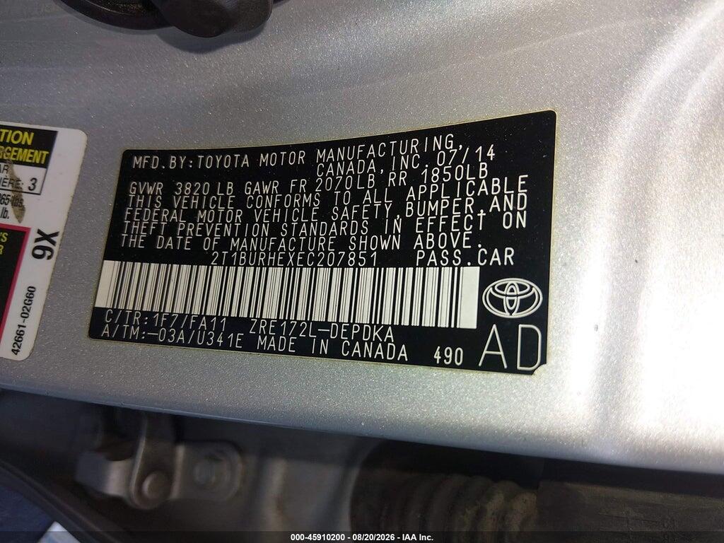 2T1BURHEXEC207851 2014 TOYOTA COROLLA photo no. 9