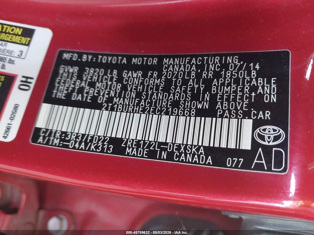 2T1BURHE2EC219668 2014 TOYOTA COROLLA photo no. 9