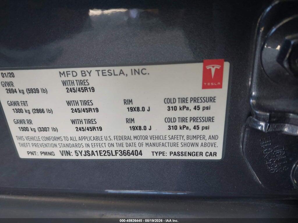 5YJSA1E25LF366404 2020 TESLA MODEL S photo no. 9