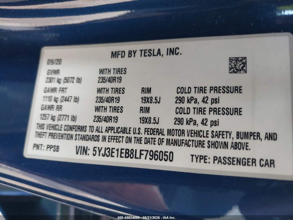 5YJ3E1EB8LF796050 2020 TESLA MODEL 3 photo no. 9