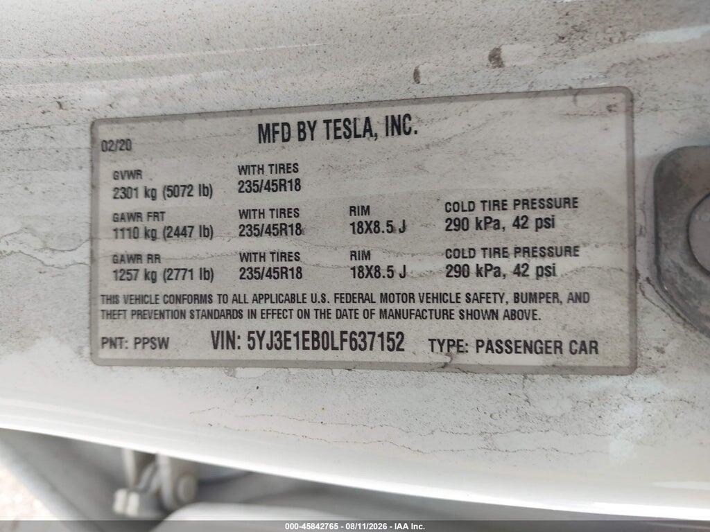 5YJ3E1EB0LF637152 2020 TESLA MODEL 3 photo no. 9