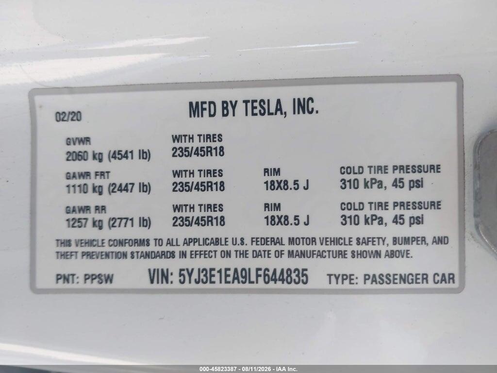 5YJ3E1EA9LF644835 2020 TESLA MODEL 3 photo no. 9