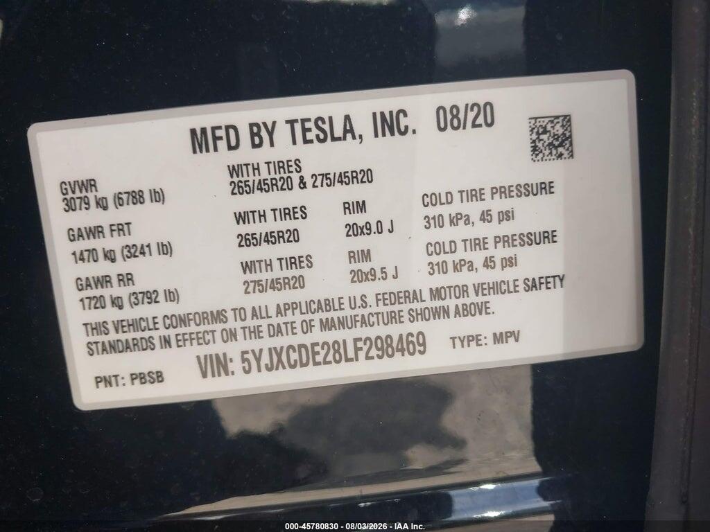 5YJXCDE28LF298469 2020 TESLA MODEL X photo no. 9