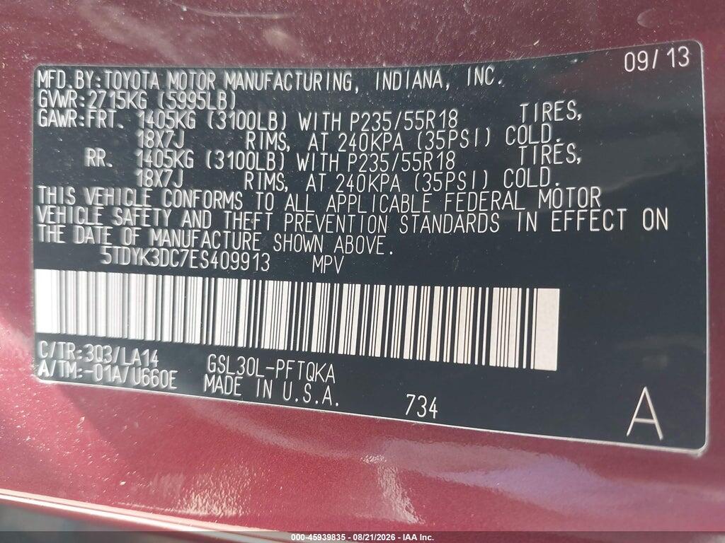 5TDYK3DC7ES409913 2014 TOYOTA SIENNA photo no. 9