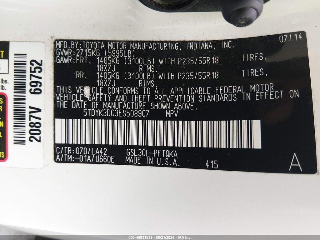 5TDYK3DC3ES508907 2014 TOYOTA SIENNA photo no. 9