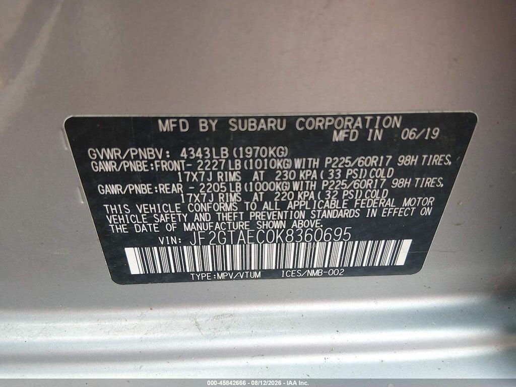 JF2GTAEC0K8360695 2019 SUBARU CROSSTREK photo no. 9