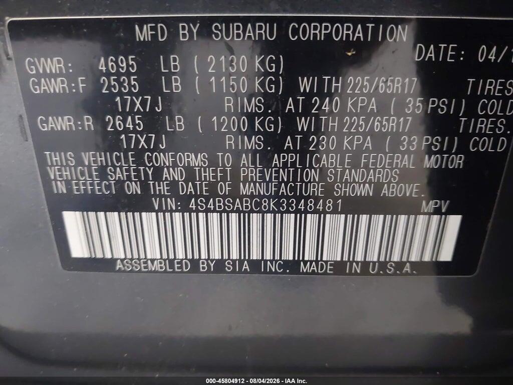 4S4BSABC8K3348481 2019 SUBARU OUTBACK photo no. 9