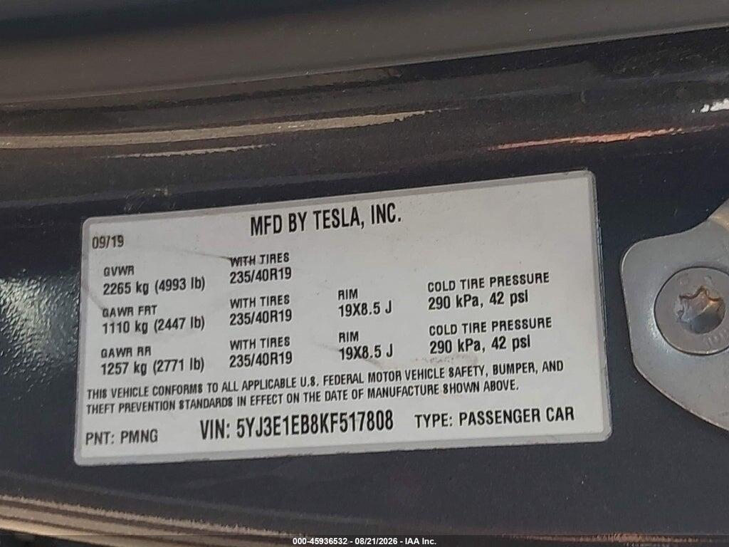 5YJ3E1EB8KF517808 2019 TESLA MODEL 3 photo no. 9