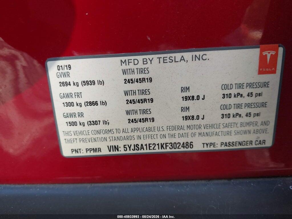 5YJSA1E21KF302486 2019 TESLA MODEL S photo no. 9