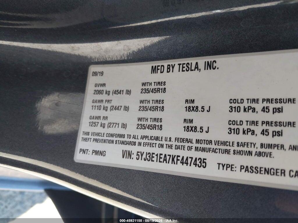5YJ3E1EA7KF447435 2019 TESLA MODEL 3 photo no. 9