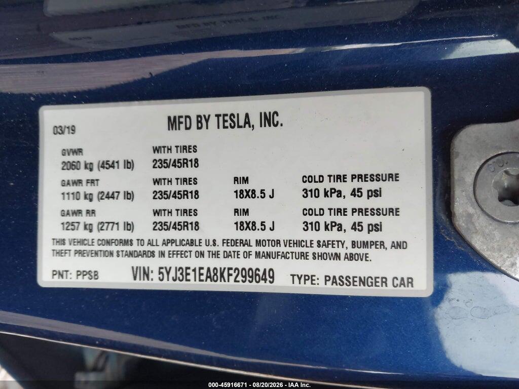 5YJ3E1EA8KF299649 2019 TESLA MODEL 3 photo no. 9