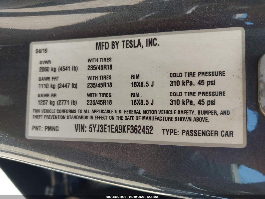 5YJ3E1EA9KF362452 2019 TESLA MODEL 3 photo no. 9