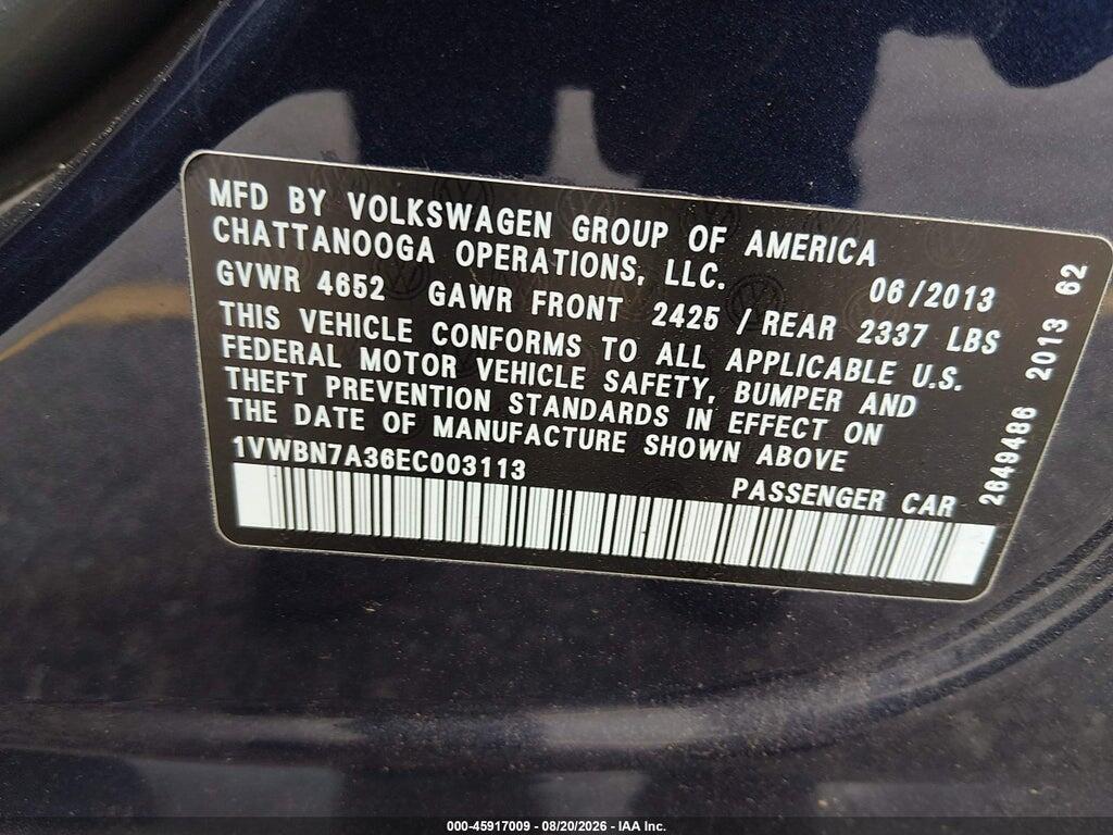 1VWBN7A36EC003113 2014 VOLKSWAGEN PASSAT photo no. 9