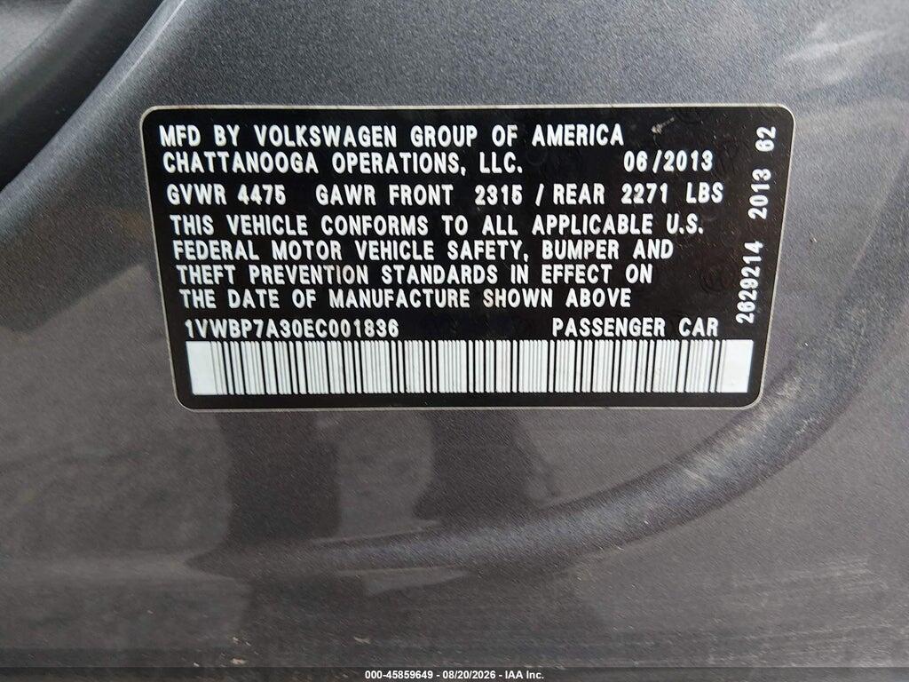 1VWBP7A30EC001836 2014 VOLKSWAGEN PASSAT photo no. 9
