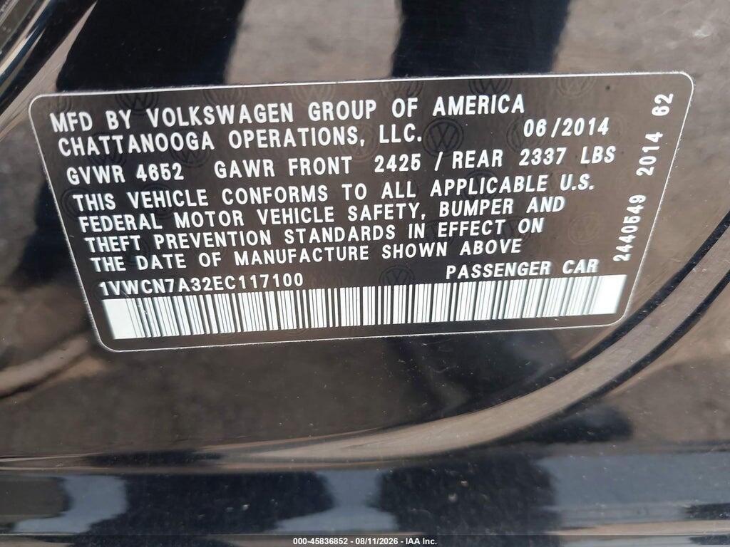 1VWCN7A32EC117100 2014 VOLKSWAGEN PASSAT photo no. 9
