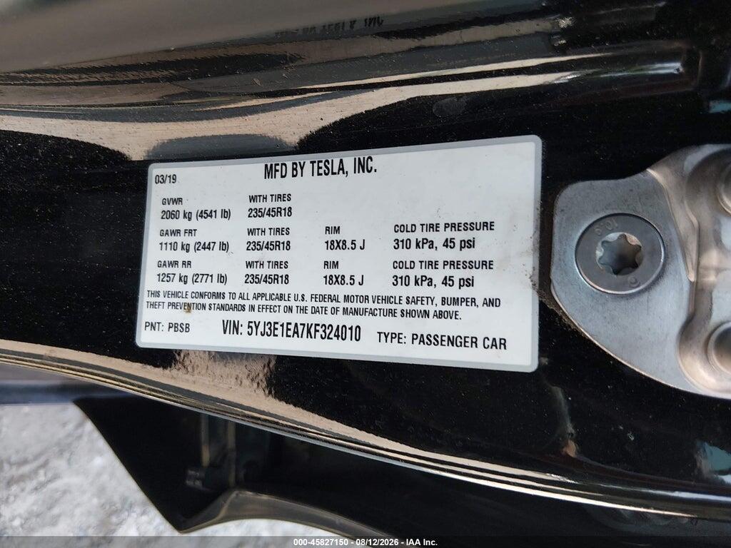 5YJ3E1EA7KF324010 2019 TESLA MODEL 3 photo no. 9