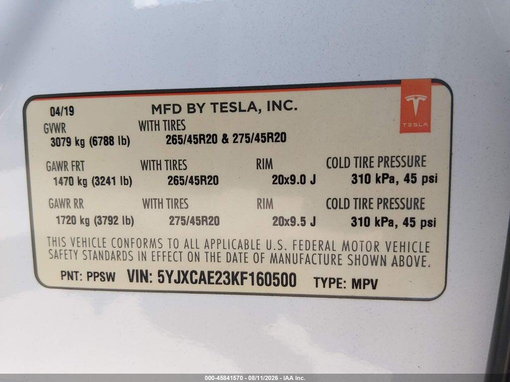 5YJXCAE23KF160500 2019 TESLA MODEL X photo no. 9