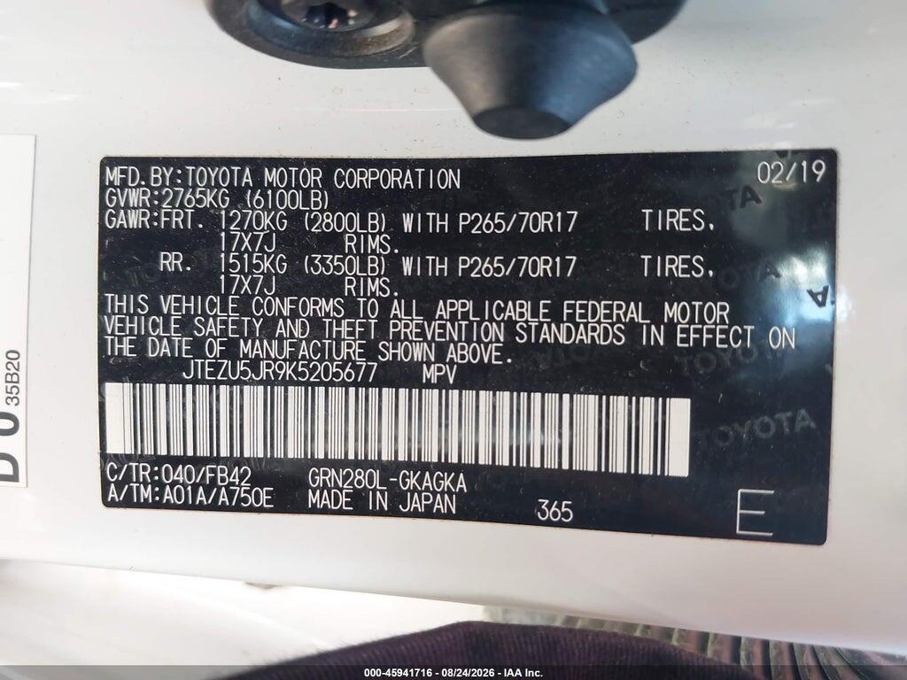 JTEZU5JR9K5205677 2019 TOYOTA 4RUNNER photo no. 9