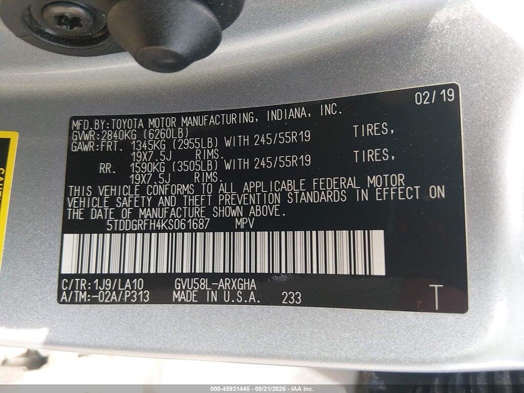 5TDDGRFH4KS061687 2019 TOYOTA HIGHLANDER HYBRID photo no. 9