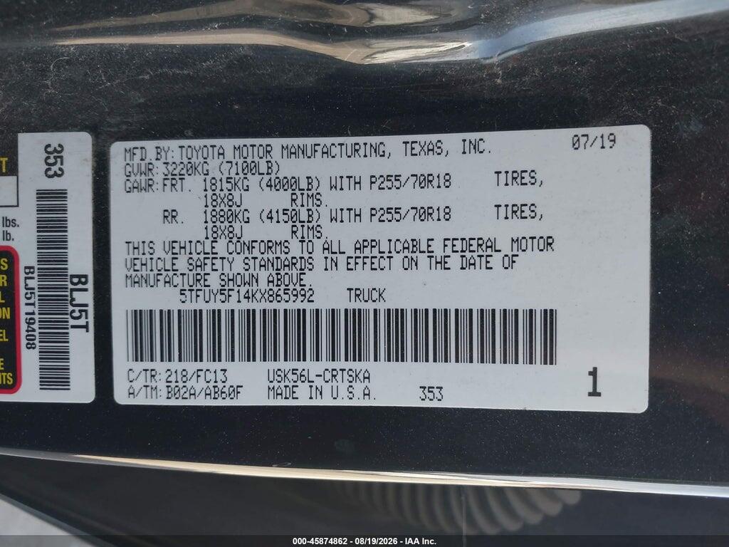 5TFUY5F14KX865992 2019 TOYOTA TUNDRA photo no. 9