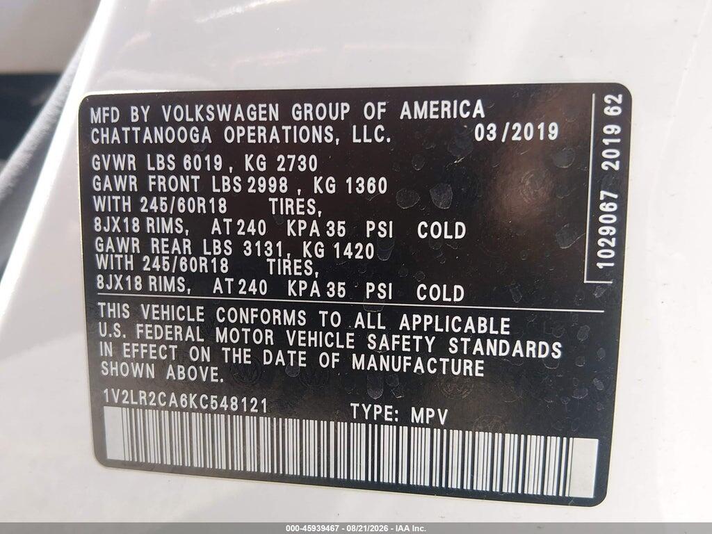 1V2LR2CA6KC548121 2019 VOLKSWAGEN ATLAS photo no. 9
