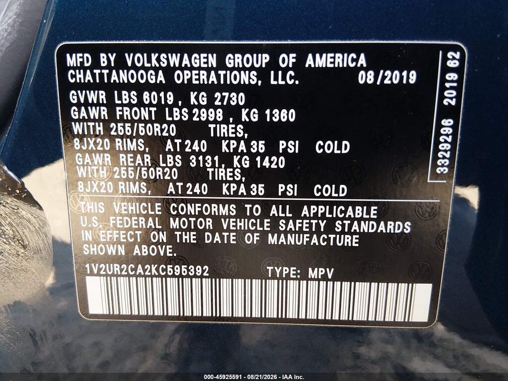 1V2UR2CA2KC595392 2019 VOLKSWAGEN ATLAS photo no. 9