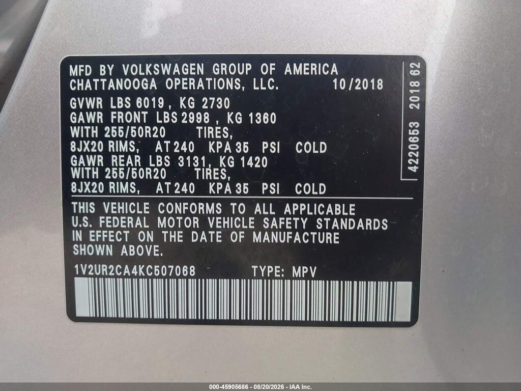 1V2UR2CA4KC507068 2019 VOLKSWAGEN ATLAS photo no. 9