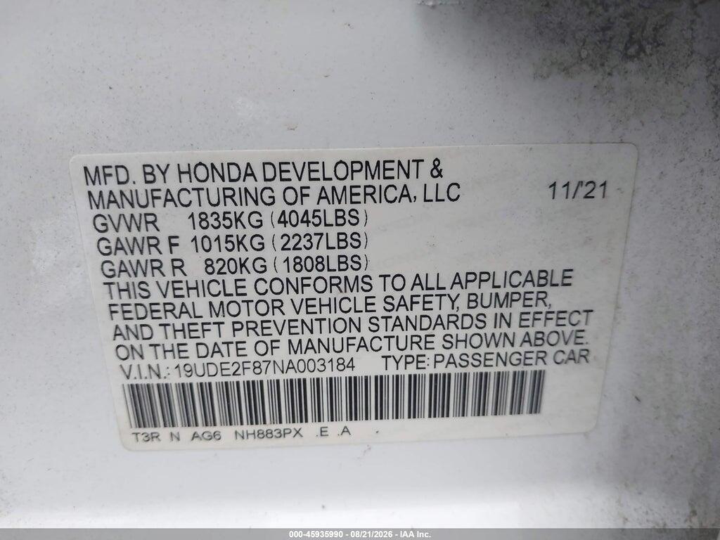 19UDE2F87NA003184 2022 ACURA ILX photo no. 9