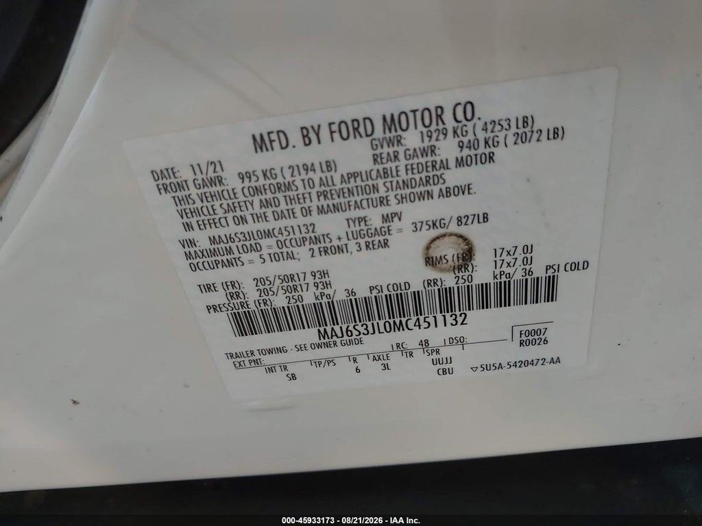 MAJ6S3JL0MC451132 2021 FORD ECOSPORT photo no. 9