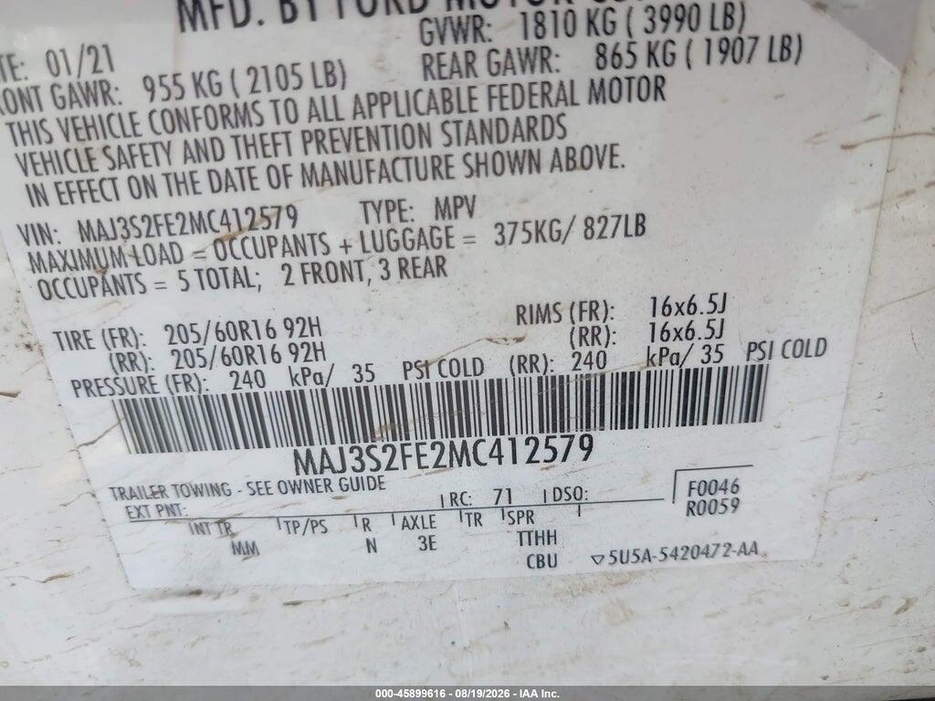MAJ3S2FE2MC412579 2021 FORD ECOSPORT photo no. 9