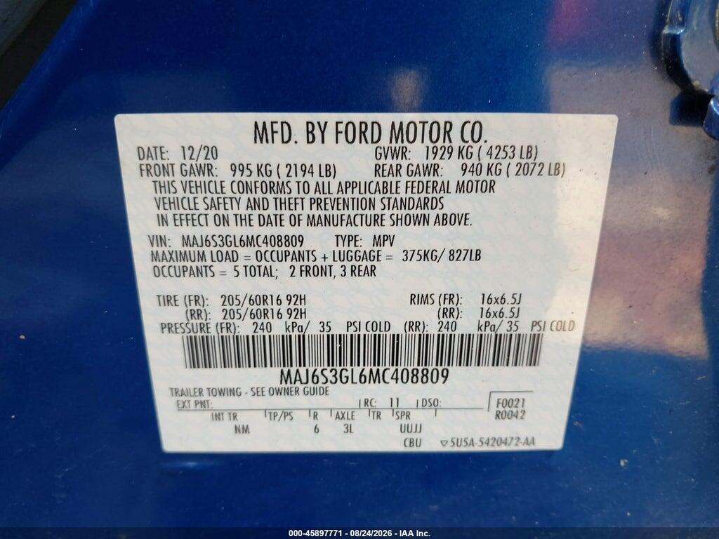 MAJ6S3GL6MC408809 2021 FORD ECOSPORT photo no. 9