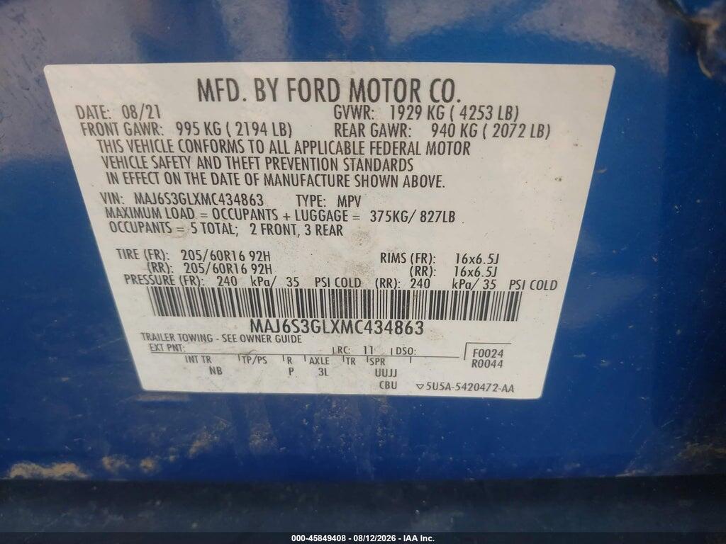 MAJ6S3GLXMC434863 2021 FORD ECOSPORT photo no. 9