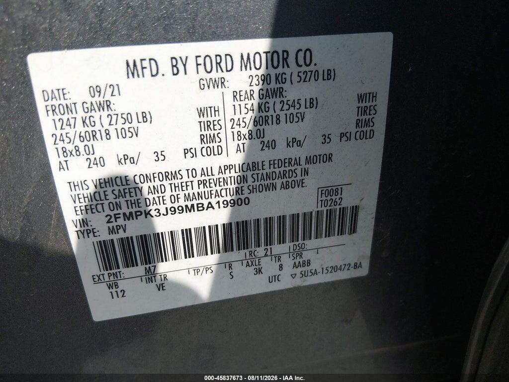 2FMPK3J99MBA19900 2021 FORD EDGE photo no. 9