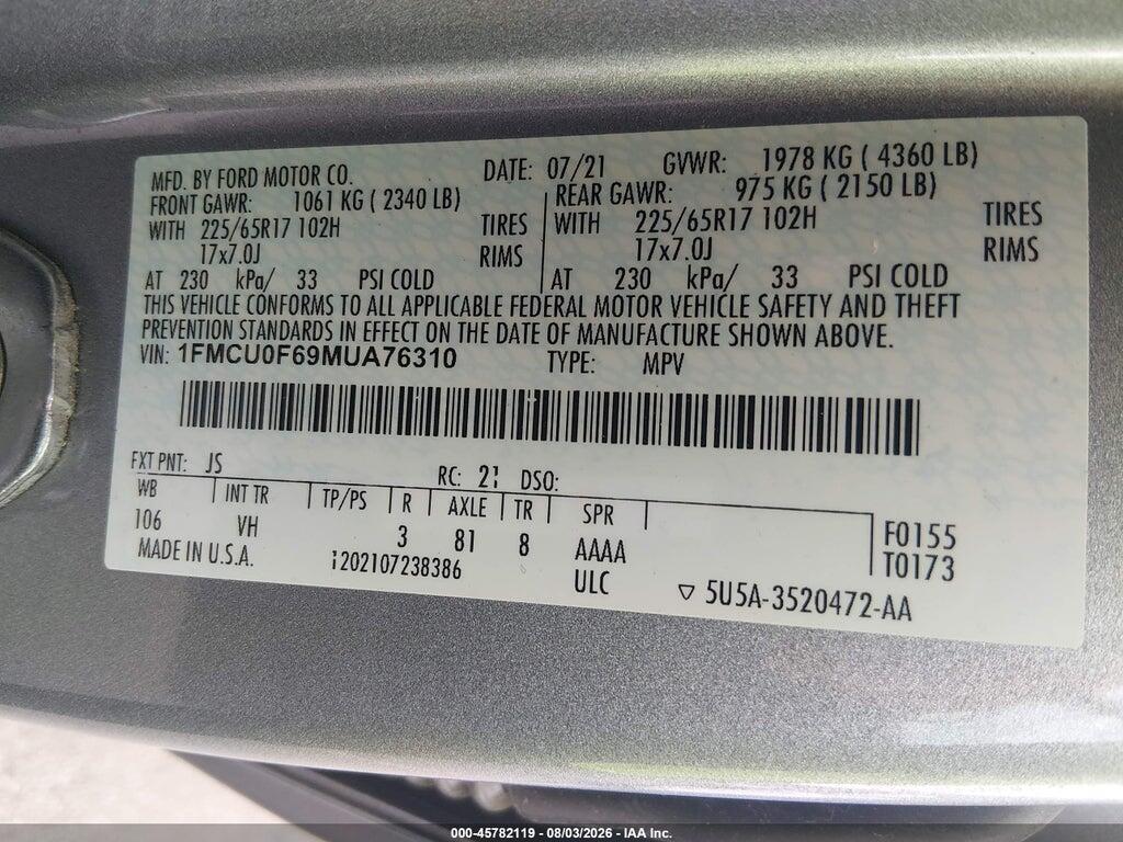 1FMCU0F69MUA76310 2021 FORD ESCAPE photo no. 9