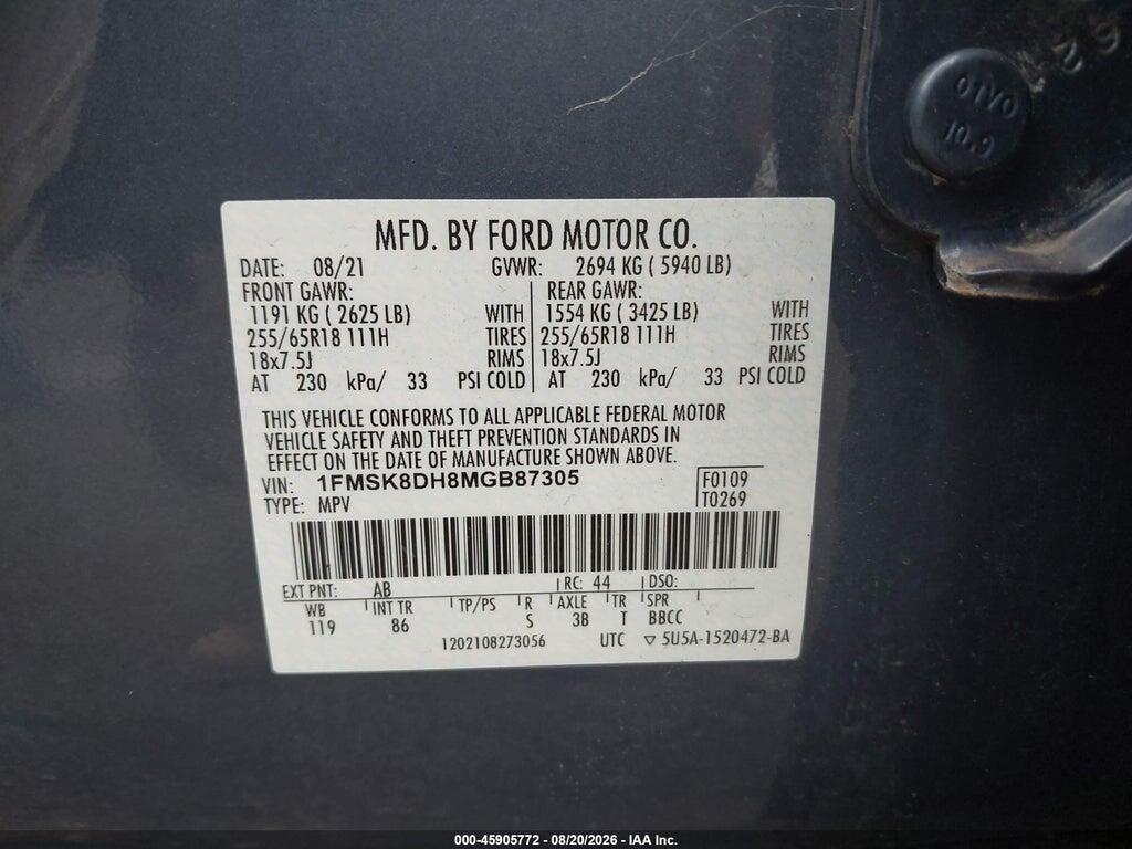1FMSK8DH8MGB87305 2021 FORD EXPLORER photo no. 9
