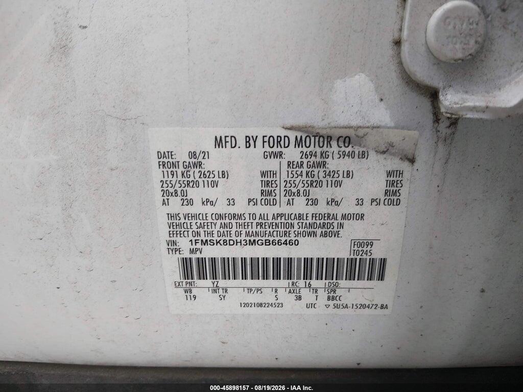 1FMSK8DH3MGB66460 2021 FORD EXPLORER photo no. 9