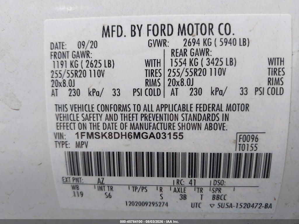 1FMSK8DH6MGA03155 2021 FORD EXPLORER photo no. 9