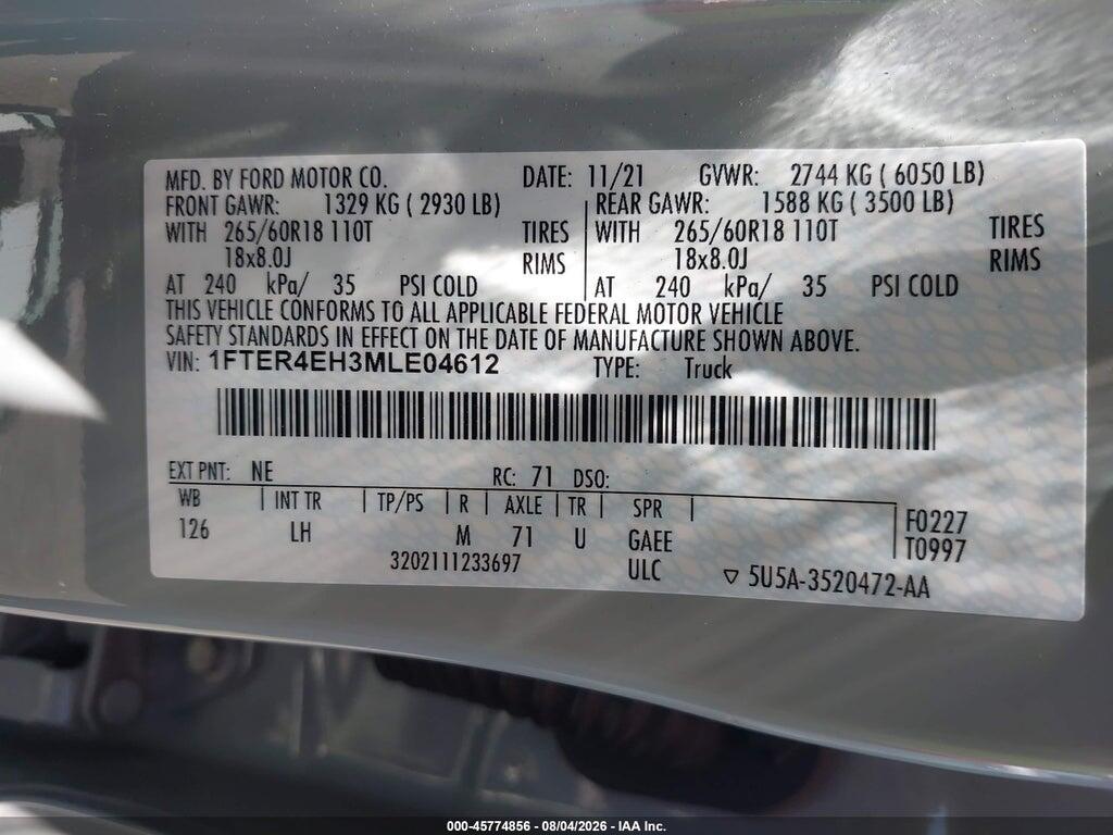1FTER4EH3MLE04612 2021 FORD RANGER photo no. 9