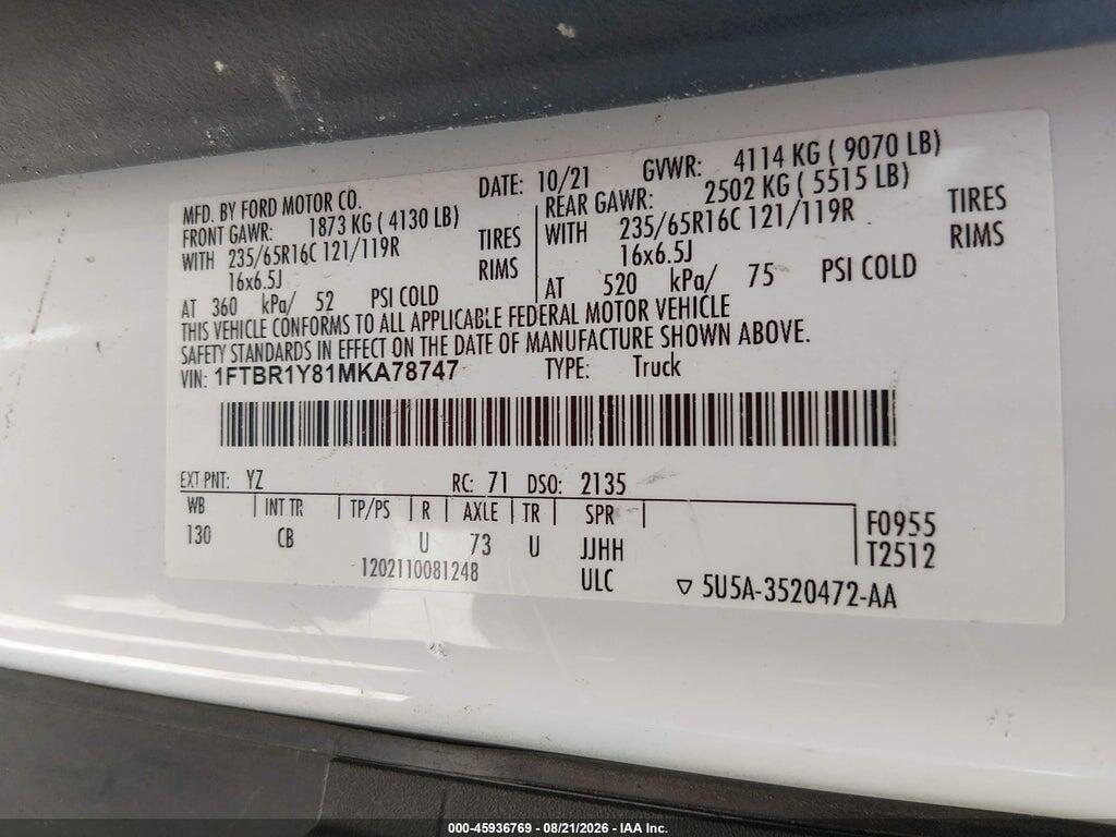 1FTBR1Y81MKA78747 2021 FORD TRANSIT-250 photo no. 9