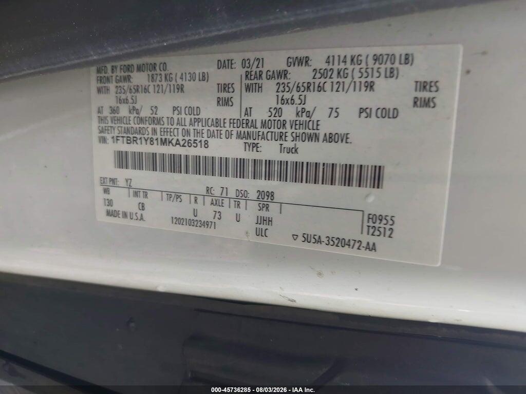 1FTBR1Y81MKA26518 2021 FORD TRANSIT-250 photo no. 9