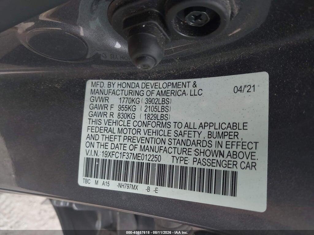 19XFC1F37ME012250 2021 HONDA CIVIC photo no. 9
