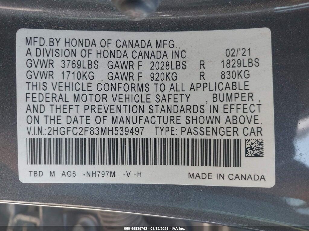 2HGFC2F83MH539497 2021 HONDA CIVIC photo no. 9