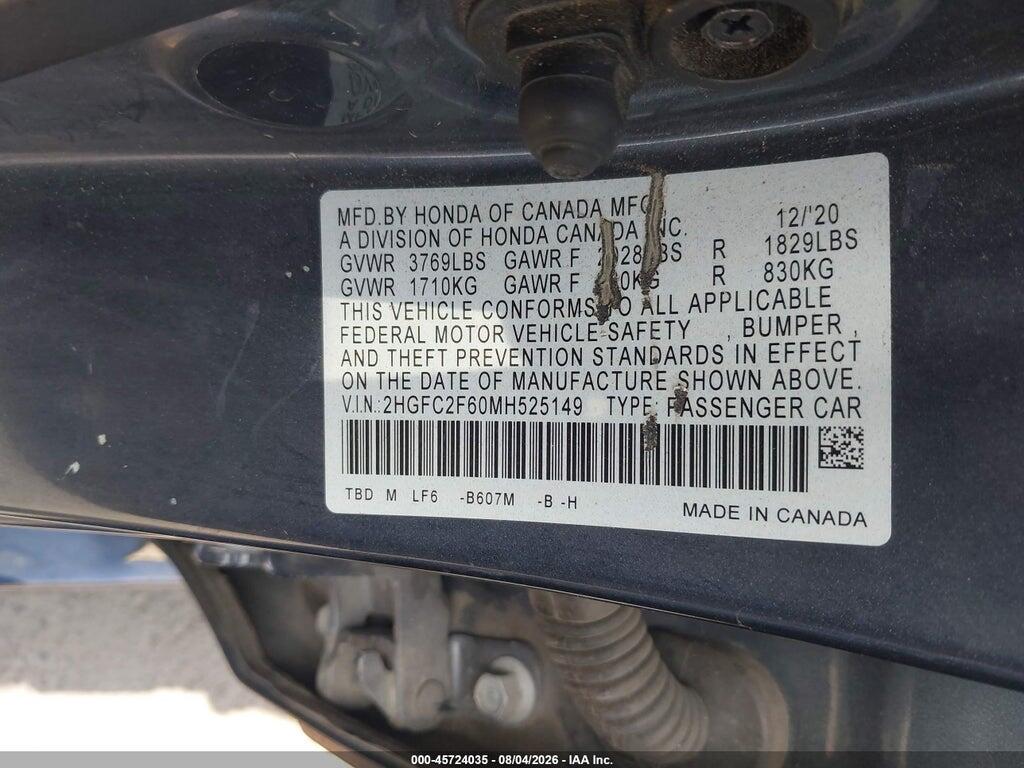 2HGFC2F60MH525149 2021 HONDA CIVIC photo no. 9